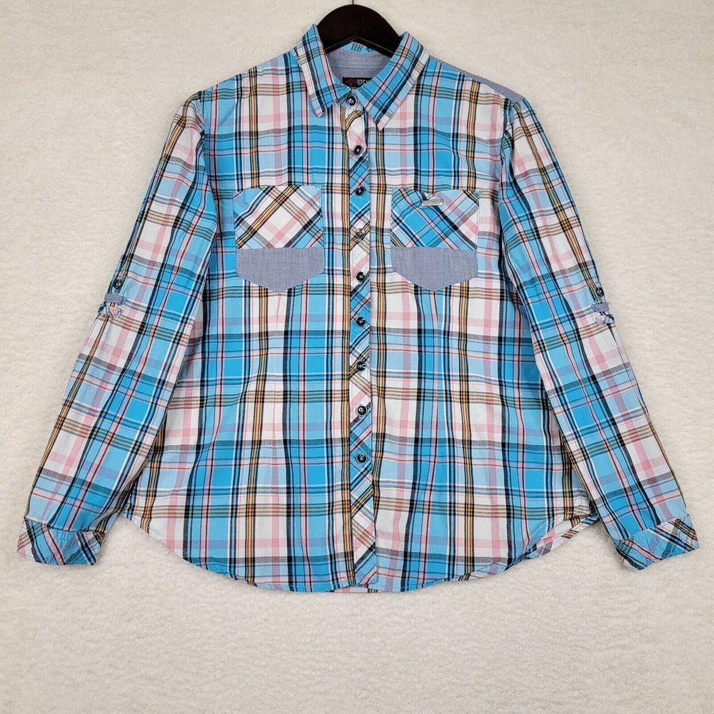 Dickies Shirt Womens‎ Large Blue Pink Plaid Long Sleeve Button Up Western